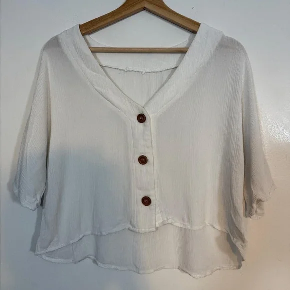 Ardene Cream V-Neck Button Front Top - Size L - Picture 2 of 7